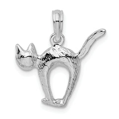 De-Ani Sterling Silver Rhodium-Plated Textured 3D Cat with Arched Back Pendant