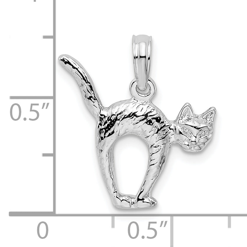 De-Ani Sterling Silver Rhodium-Plated Textured 3D Cat with Arched Back Pendant