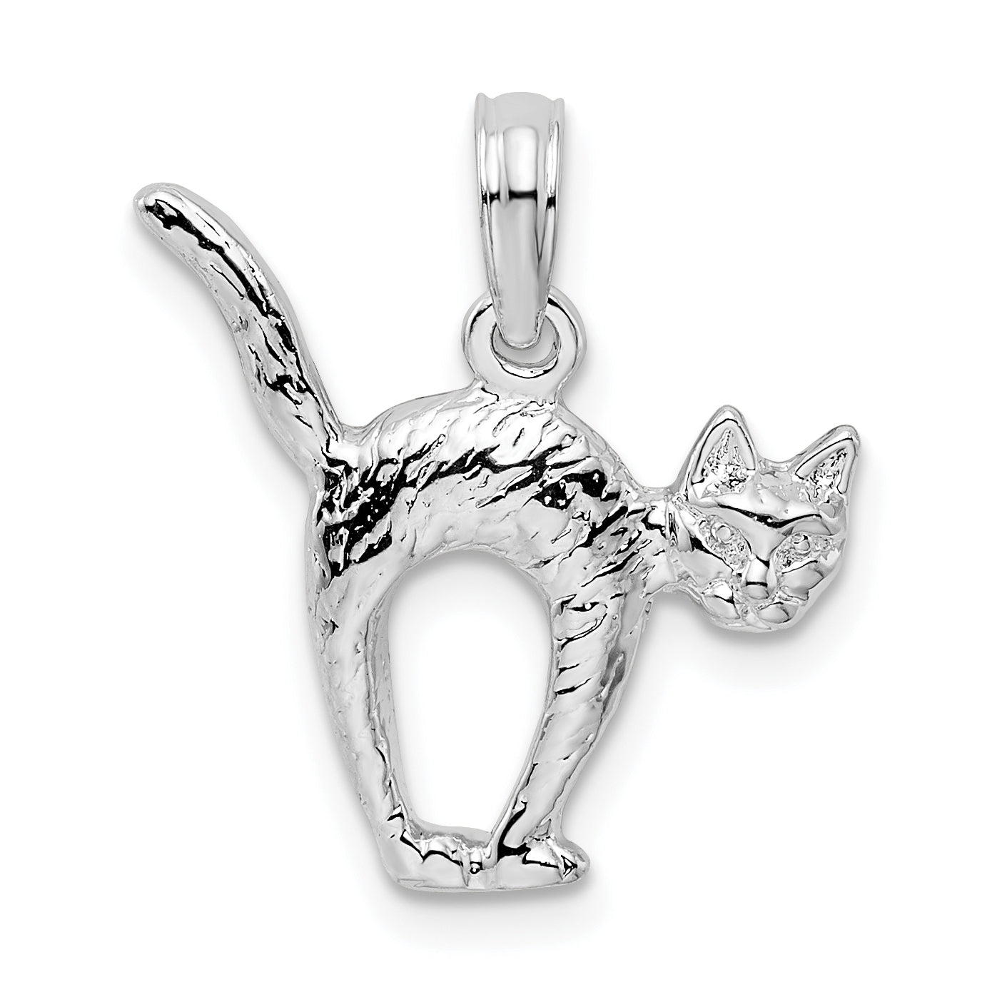 De-Ani Sterling Silver Rhodium-Plated Textured 3D Cat with Arched Back Pendant