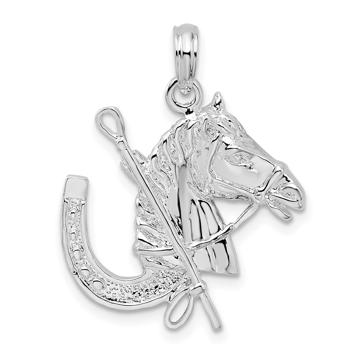 De-Ani Sterling Silver Rhodium-Plated Horse Head with Crop and Horseshoe Pendant