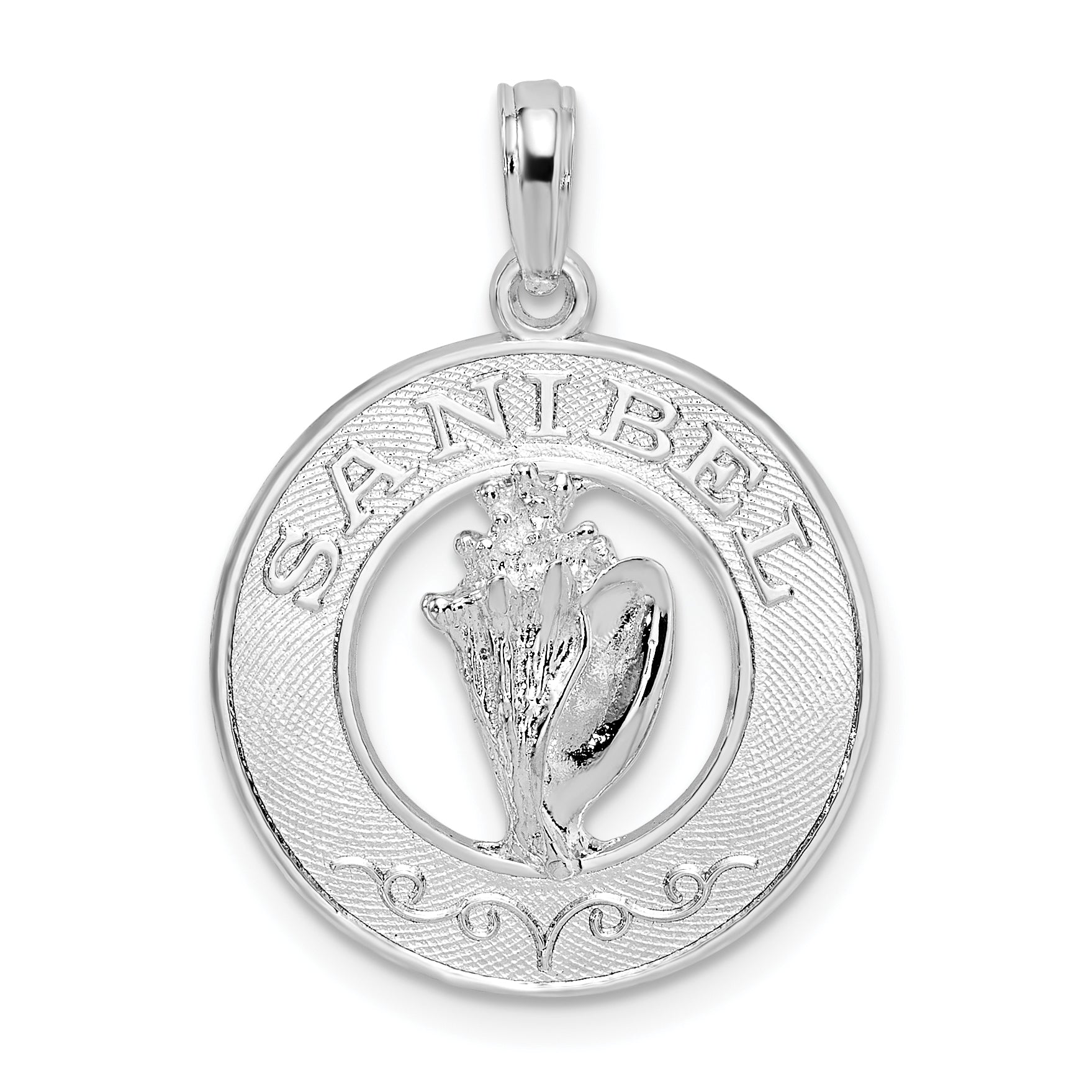 De-Ani Sterling Silver Rhodium-Plated Polished Sanibel Circle with Shell Pendant