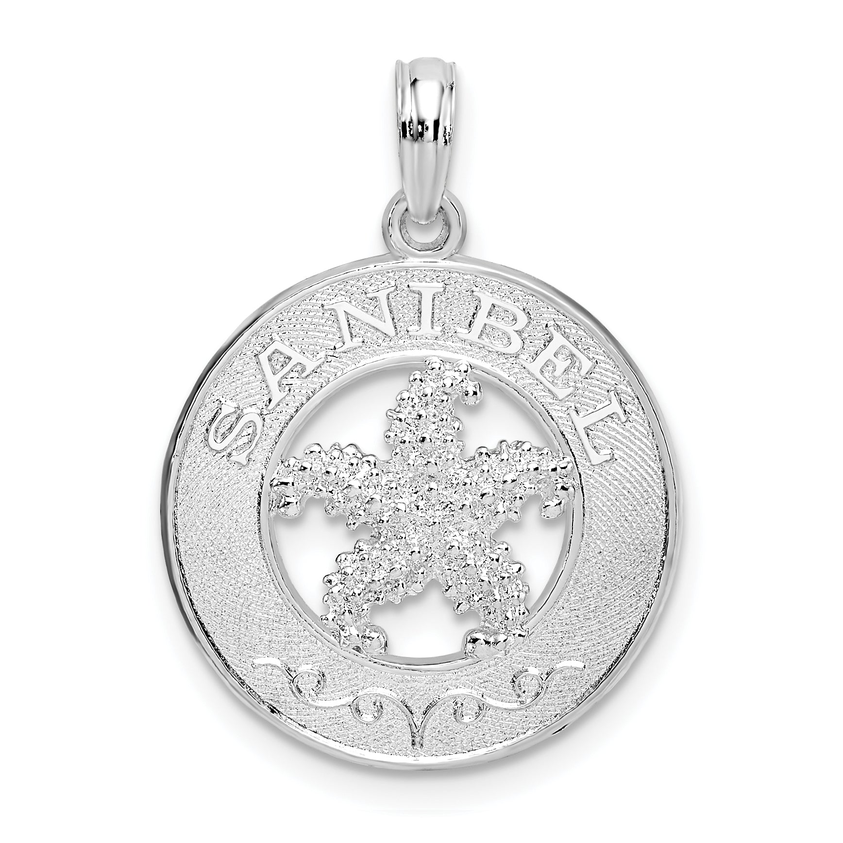 De-Ani Sterling Silver Rhodium-Plated Polished Sanibel Circle with Starfish Pendant