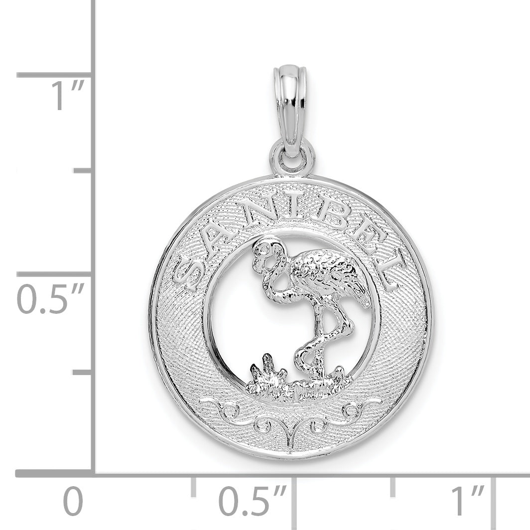 De-Ani Sterling Silver Rhodium-Plated Polished Sanibel Circle with Flamingo Pendant