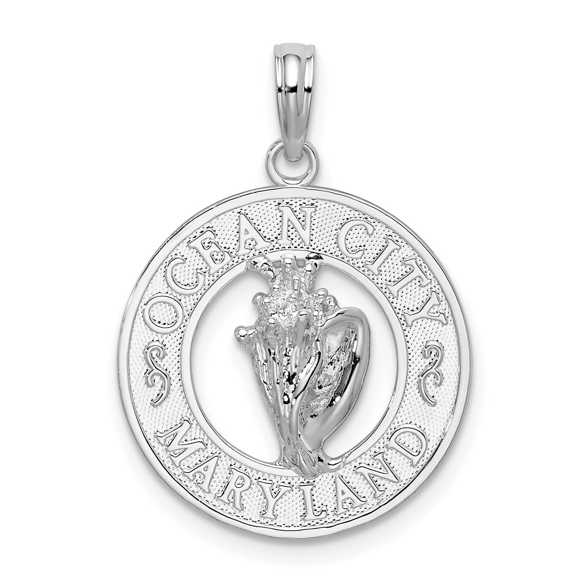 De-Ani Sterling Silver Rhodium-Plated Ocean City Maryland Circle with Shell Pendant