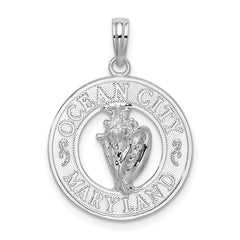 De-Ani Sterling Silver Rhodium-Plated Ocean City Maryland Circle with Shell Pendant