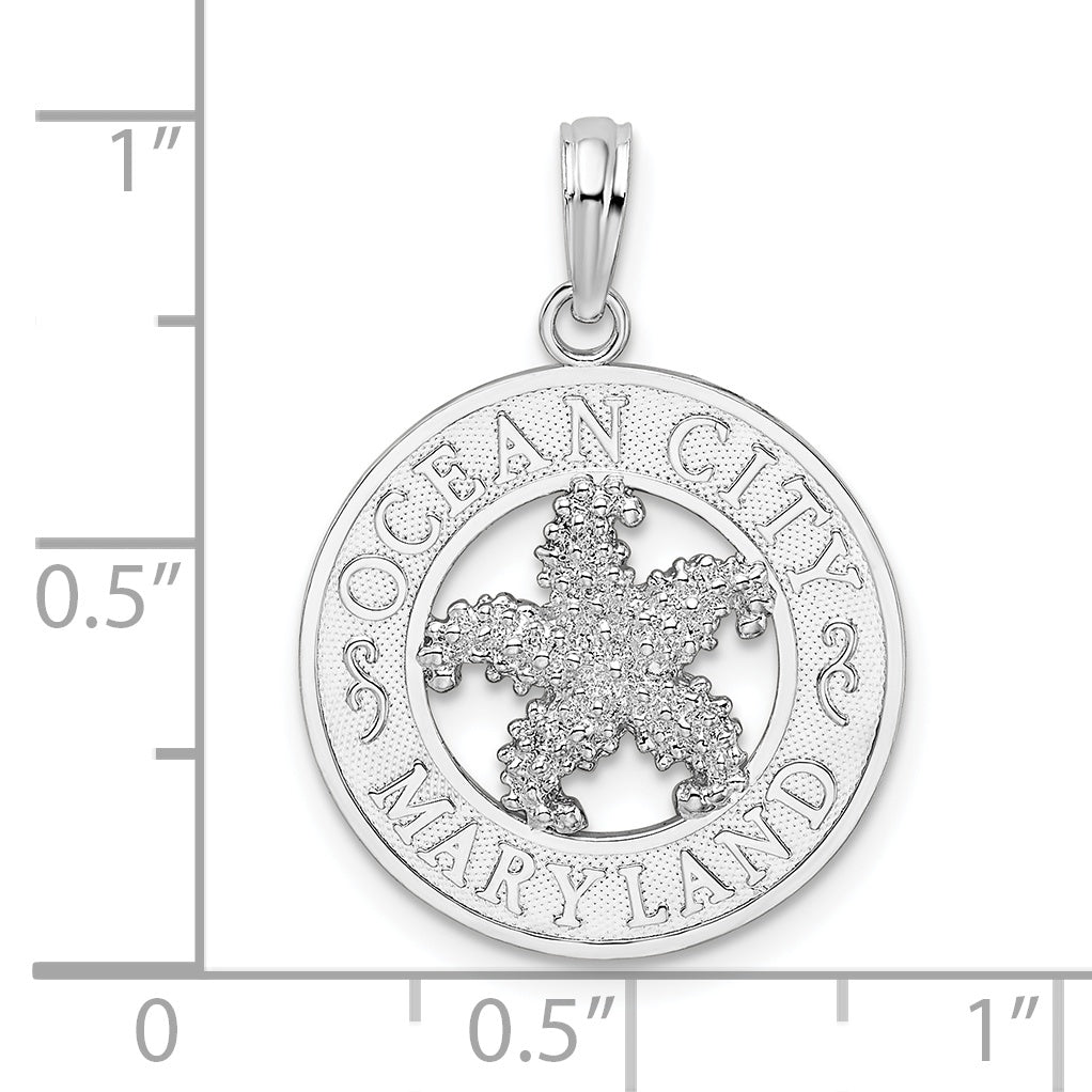 De-Ani Sterling Silver Rhodium-Plated Ocean City Maryland Circle with Starfish Pendant