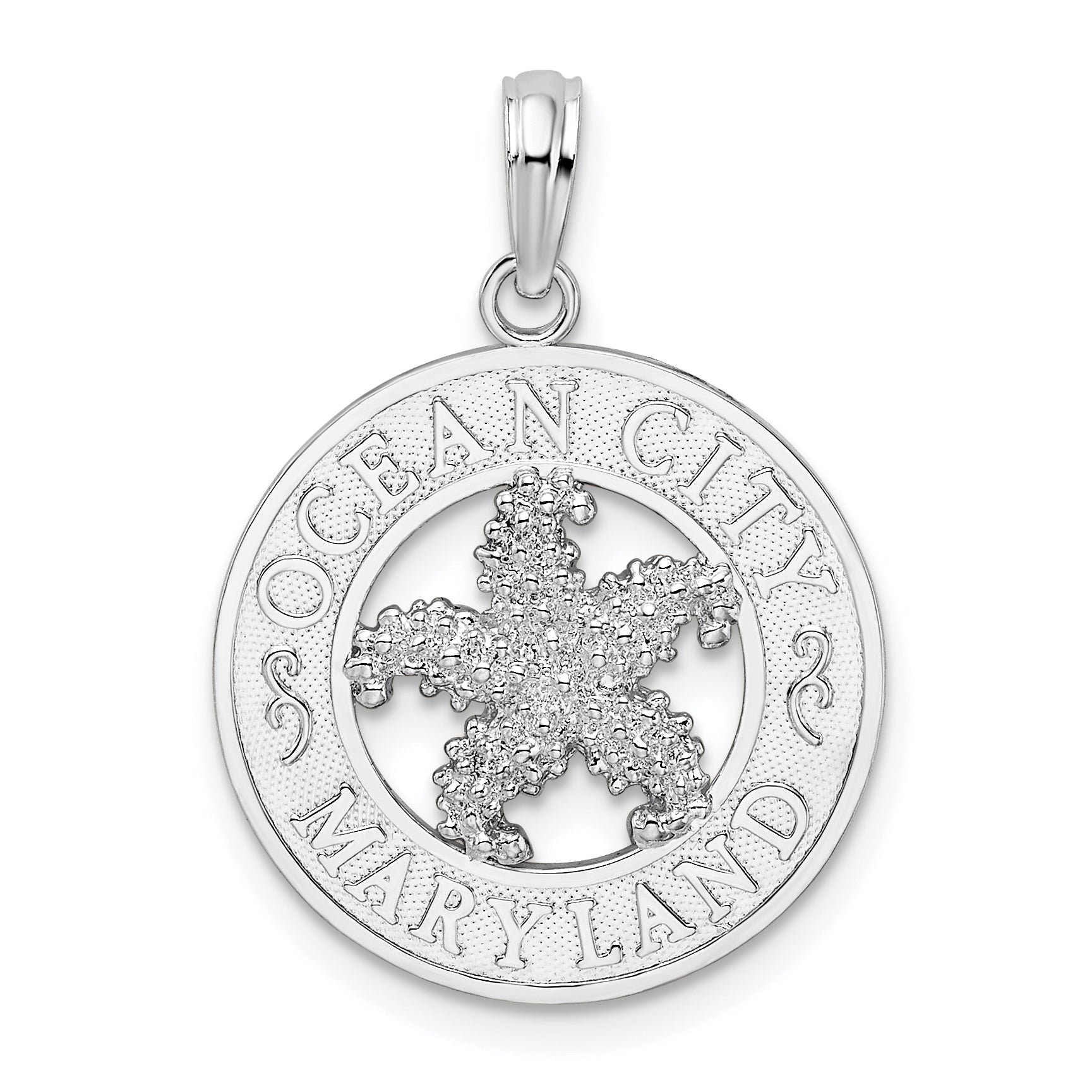 De-Ani Sterling Silver Rhodium-Plated Ocean City Maryland Circle with Starfish Pendant