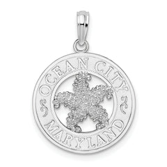 De-Ani Sterling Silver Rhodium-Plated Ocean City Maryland Circle with Starfish Pendant