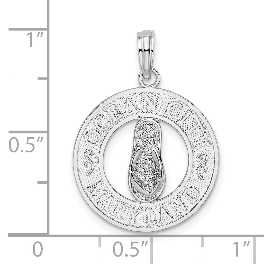 De-Ani Sterling Silver Rhodium-Plated Ocean City Maryland Circle with Flip-flop Pendant