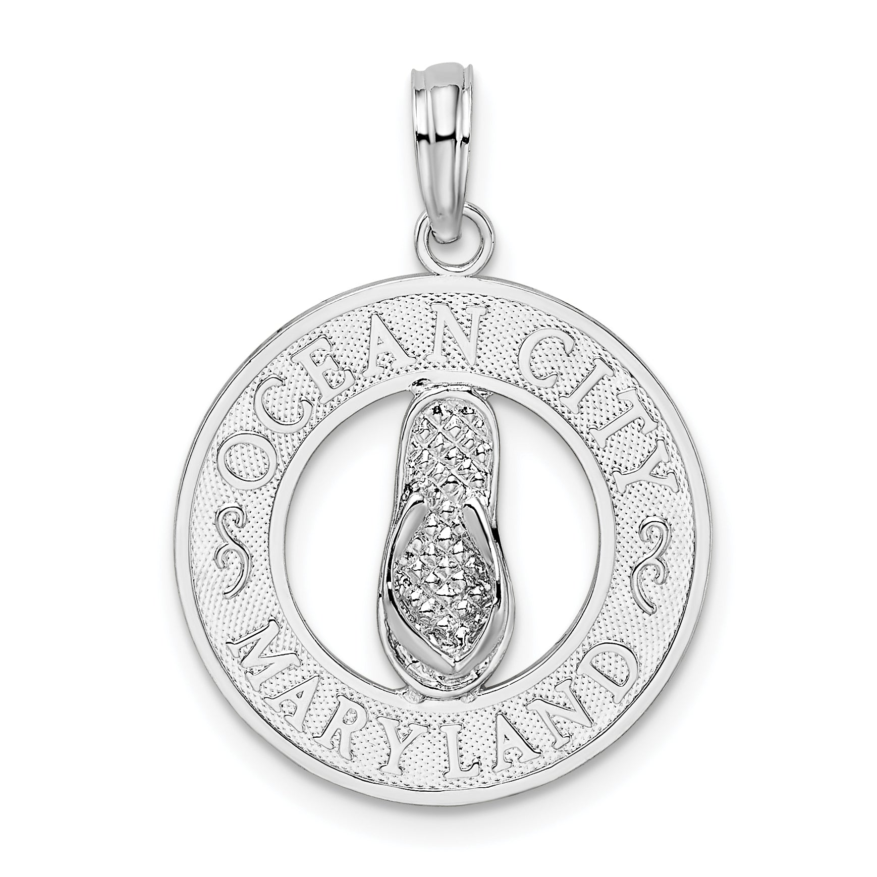 De-Ani Sterling Silver Rhodium-Plated Ocean City Maryland Circle with Flip-flop Pendant