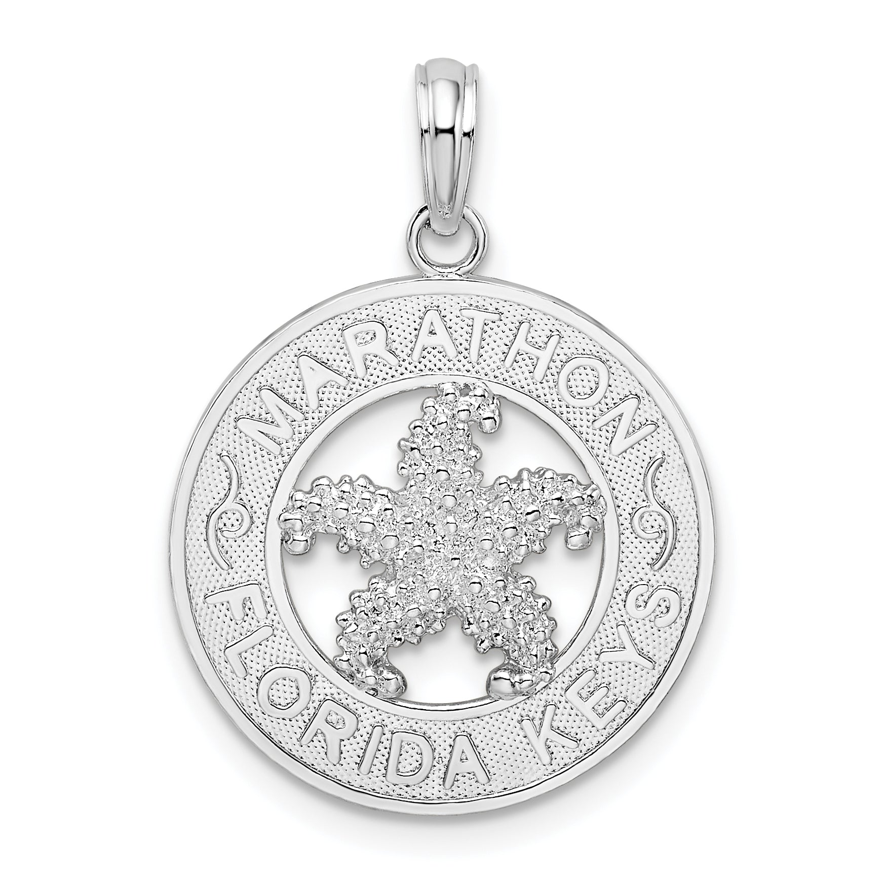 De-Ani Sterling Silver Rhodium-Plated Marathon Florida Keys Circle with Starfish Pendant