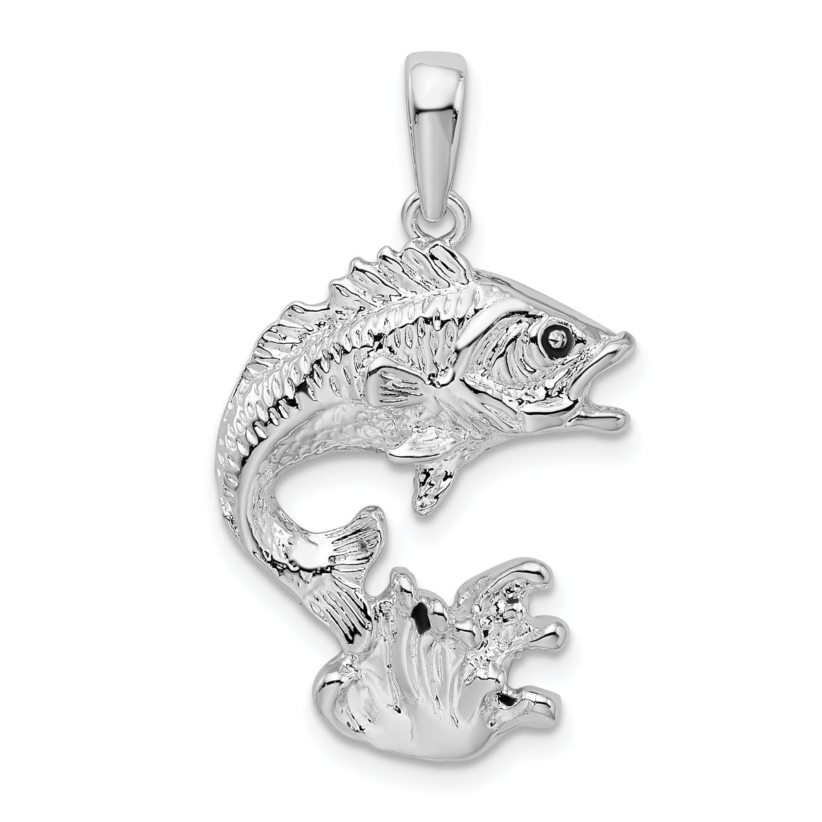 De-Ani Sterling Silver Rhodium-Plated Polished Jumping Bass Fish Pendant