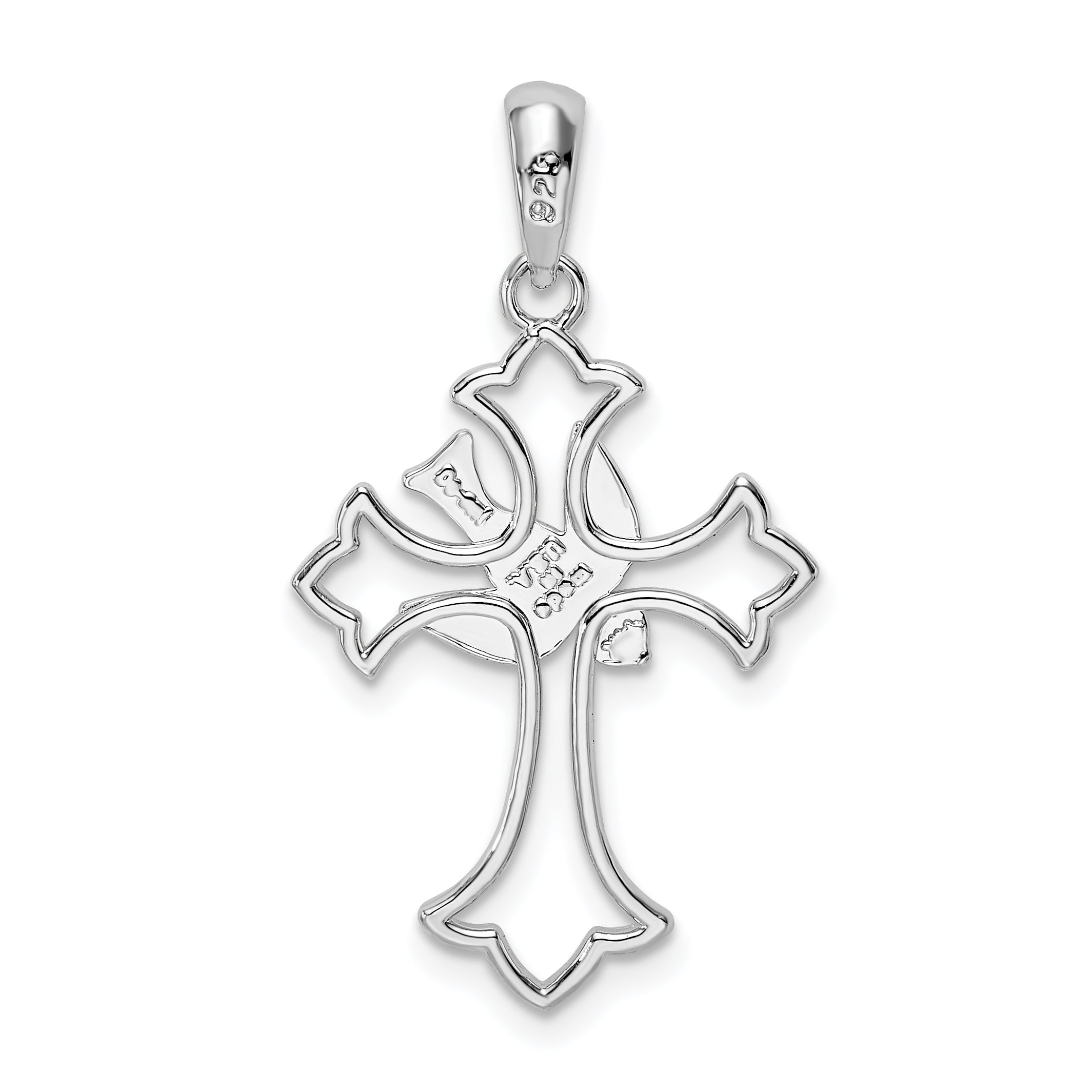 De-Ani Sterling Silver Rhodium-Plated Cut-Out Fleur de Lis Cross with Dove Pendant