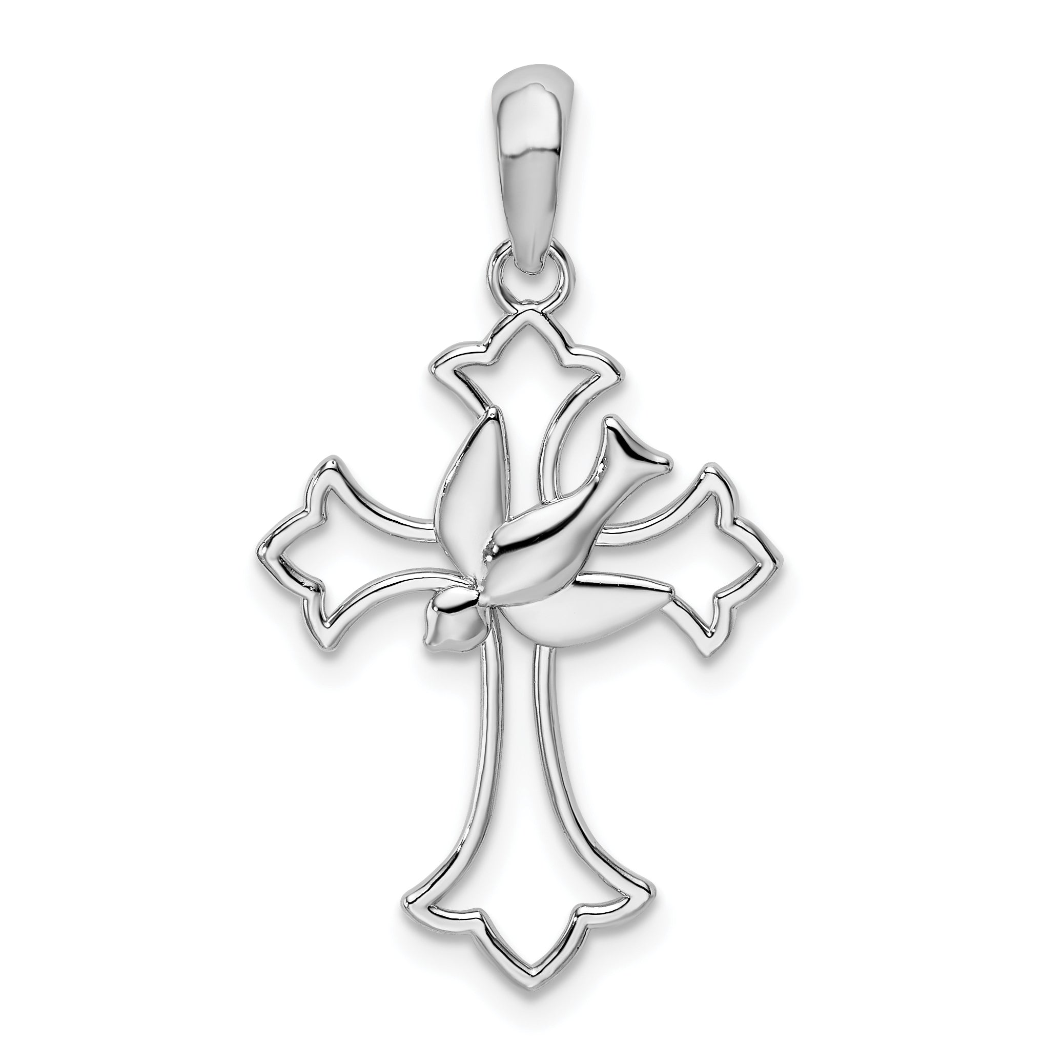 De-Ani Sterling Silver Rhodium-Plated Cut-Out Fleur de Lis Cross with Dove Pendant