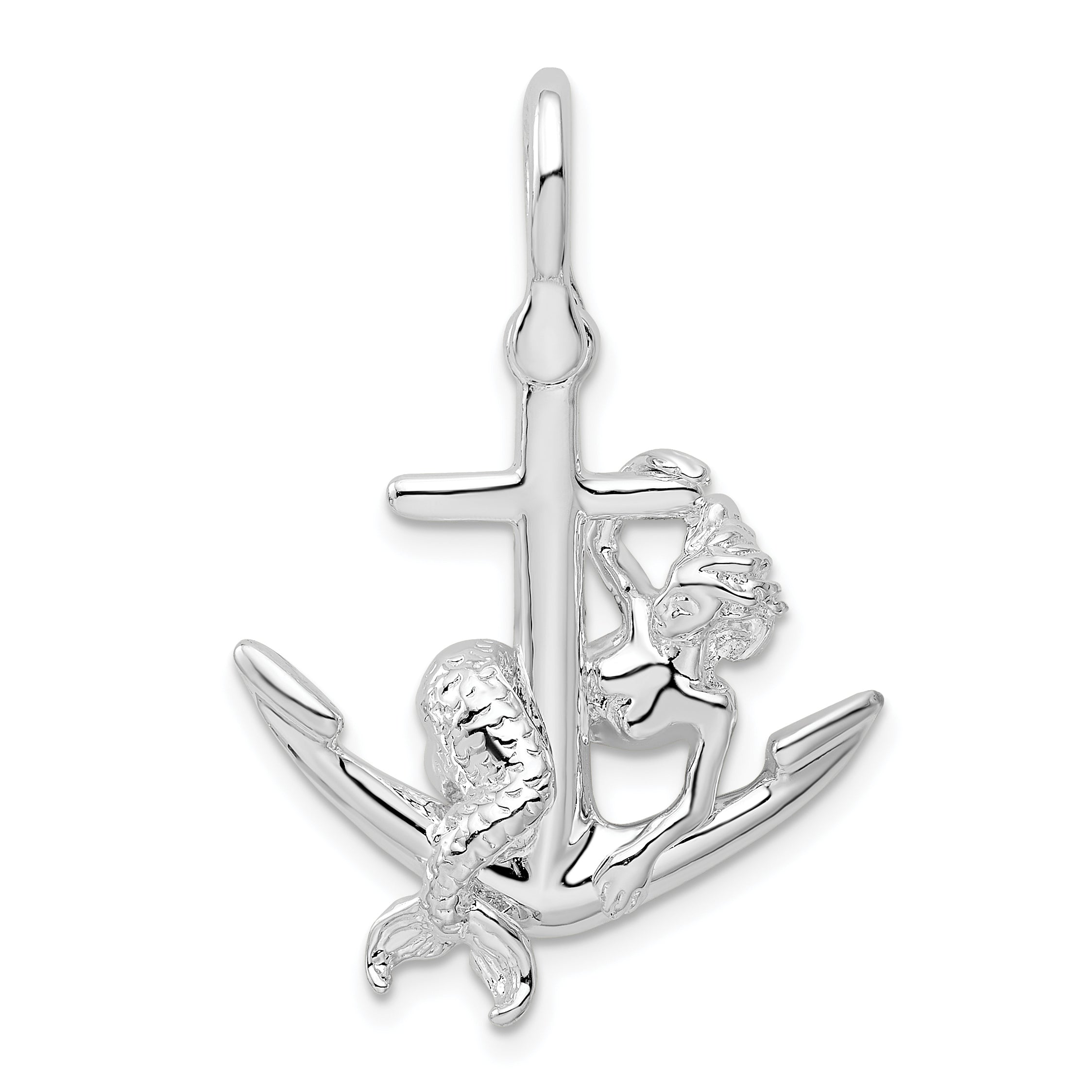 De-Ani Sterling Silver Rhodium-Plated Polished 3D Anchor with Mermaid Pendant