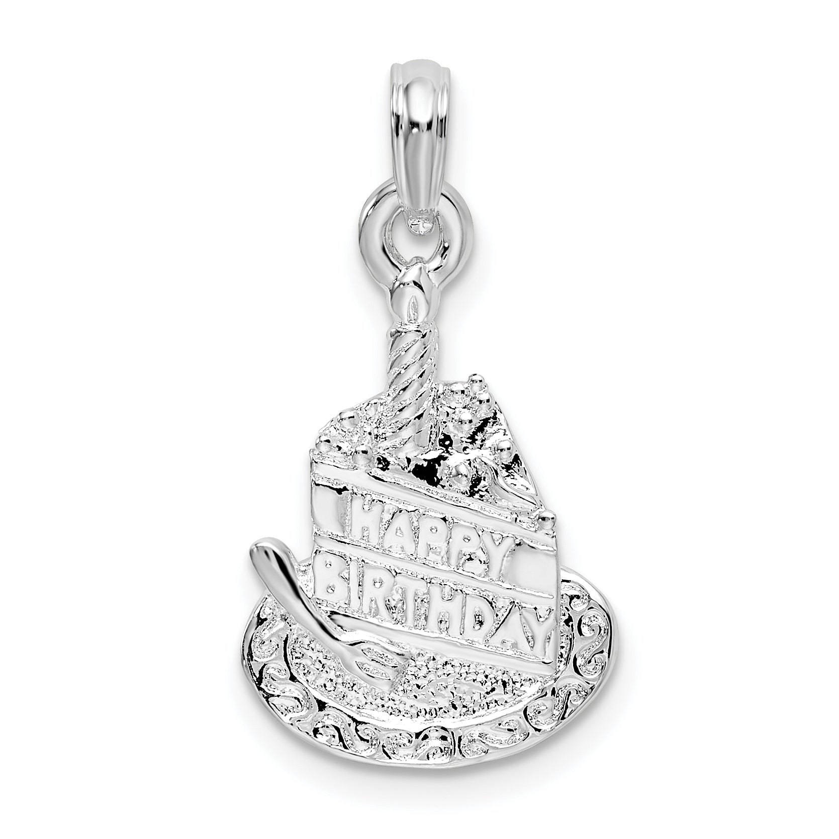 De-Ani Sterling Silver Polished Happy Birthday Slice of Cake Pendant