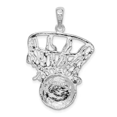 De-Ani Sterling Silver Rhodium-Plated Polished Basketball in Net Pendant