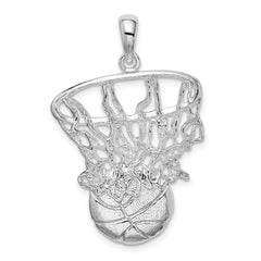 De-Ani Sterling Silver Rhodium-Plated Polished Basketball in Net Pendant