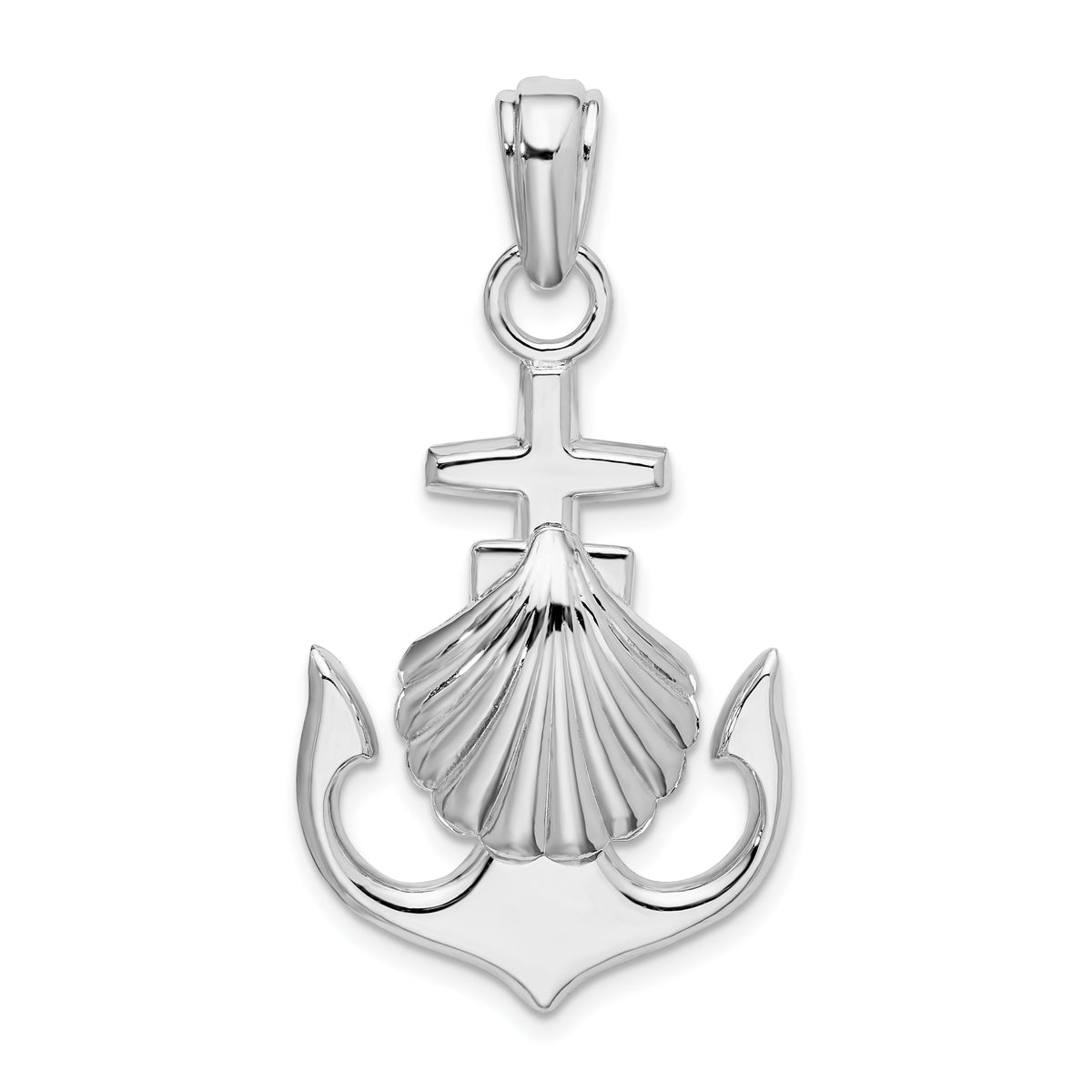 De-Ani Sterling Silver Rhodium-Plated Polished Anchor with Scallop Shell Pendant