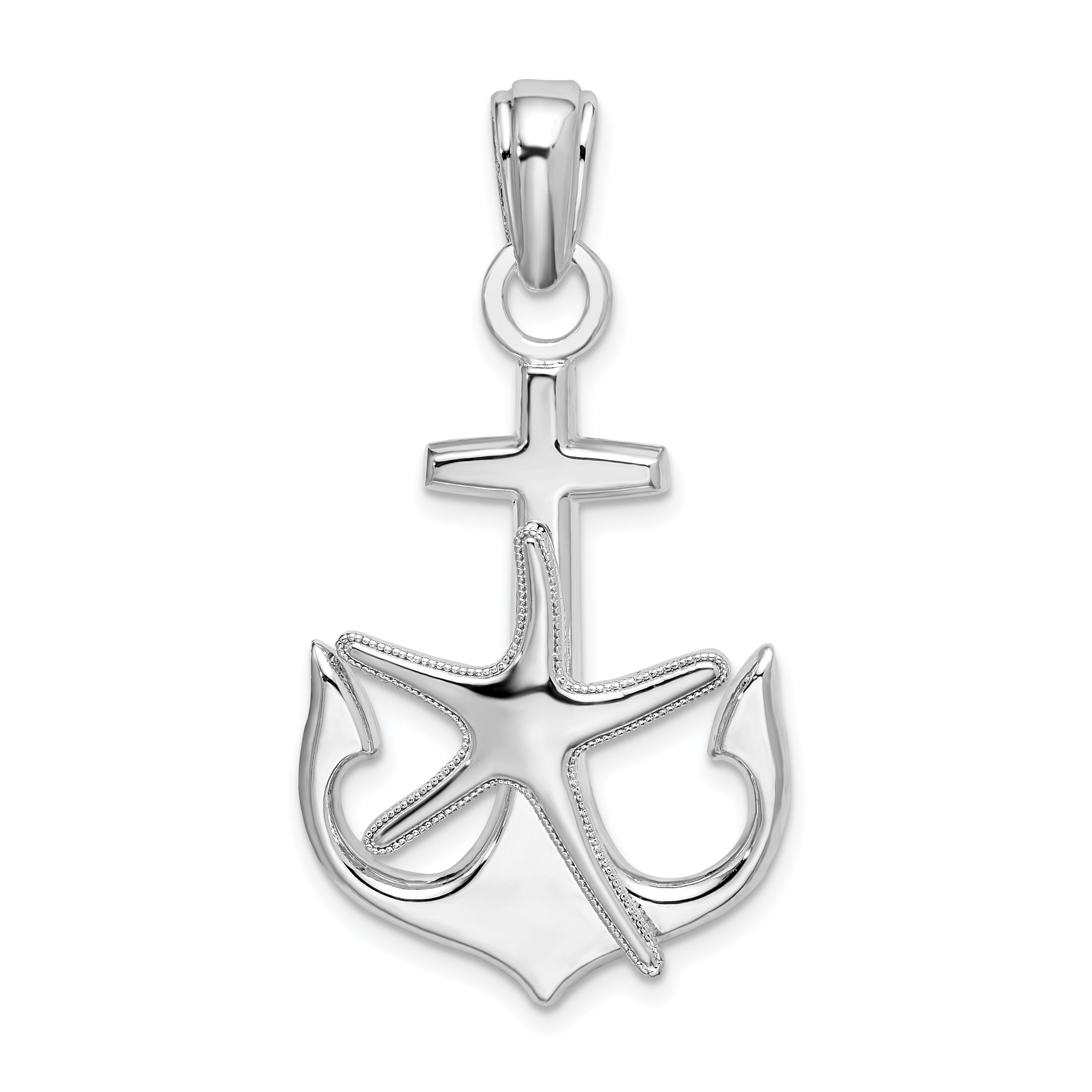 De-Ani Sterling Silver Rhodium-Plated Polished Anchor with Starfish Pendant