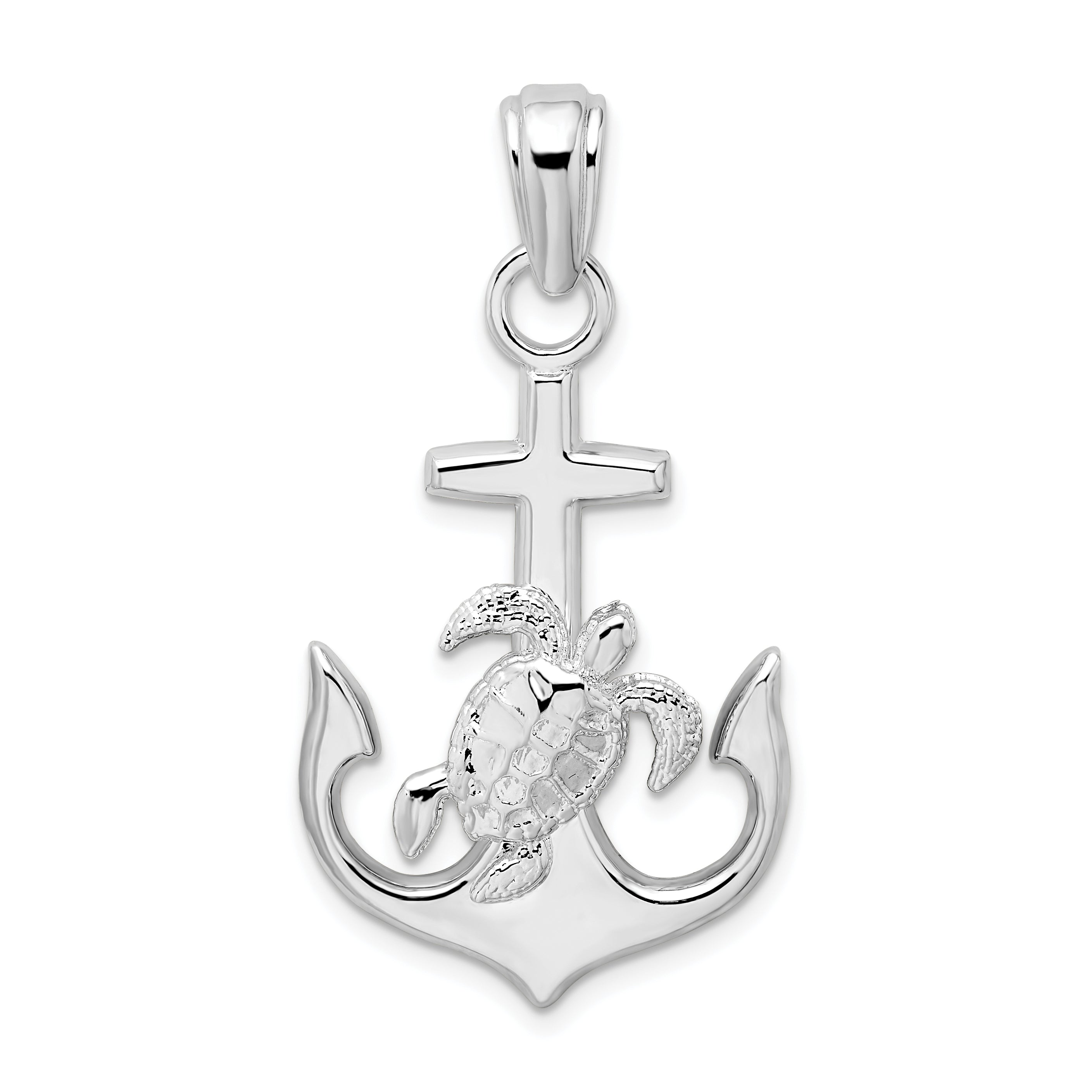 De-Ani Sterling Silver Rhodium-Plated Polished Anchor with Sea Turtle Pendant