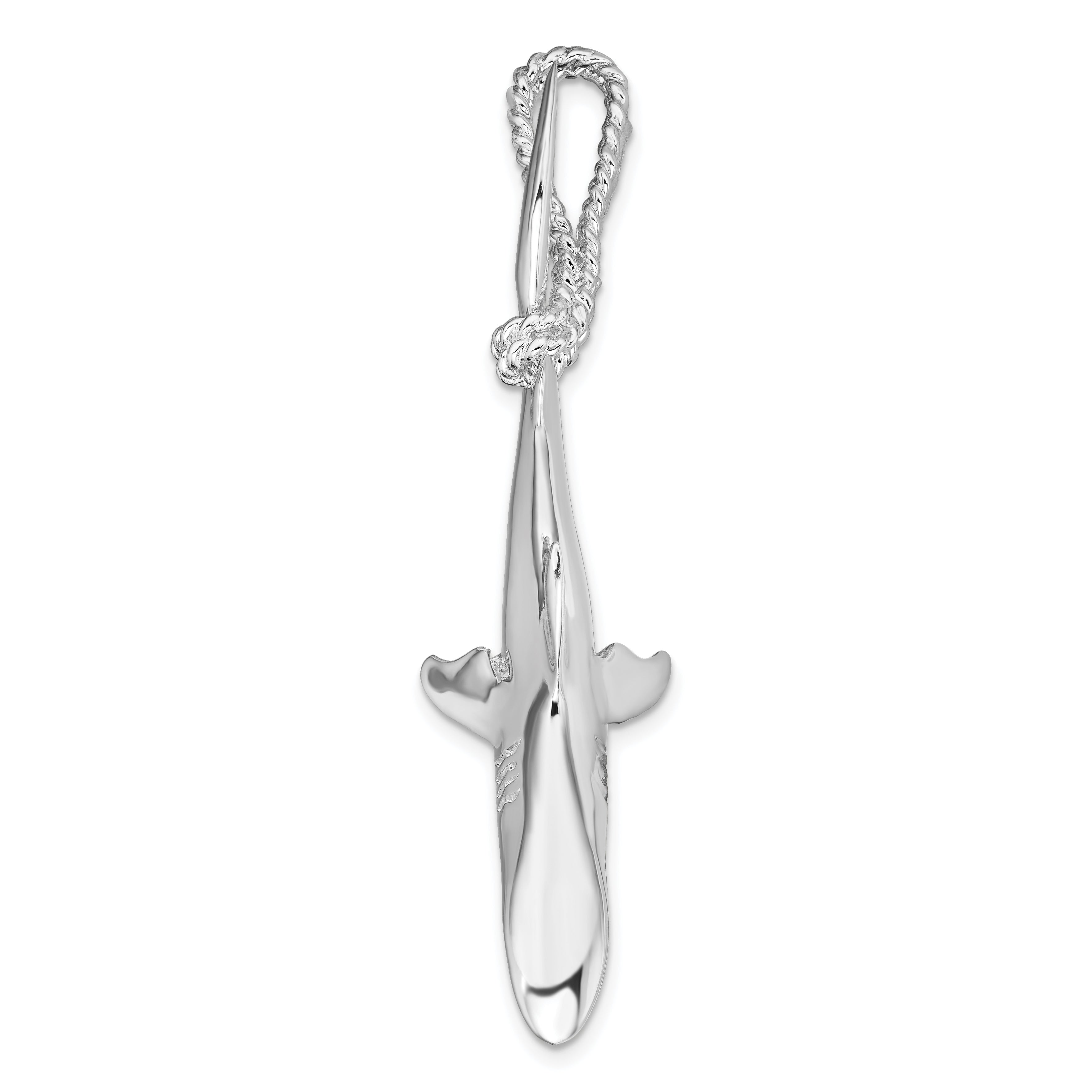 De-Ani Sterling Silver Rhod-plated Polished 3D Shark Hanging from Rope Pendant