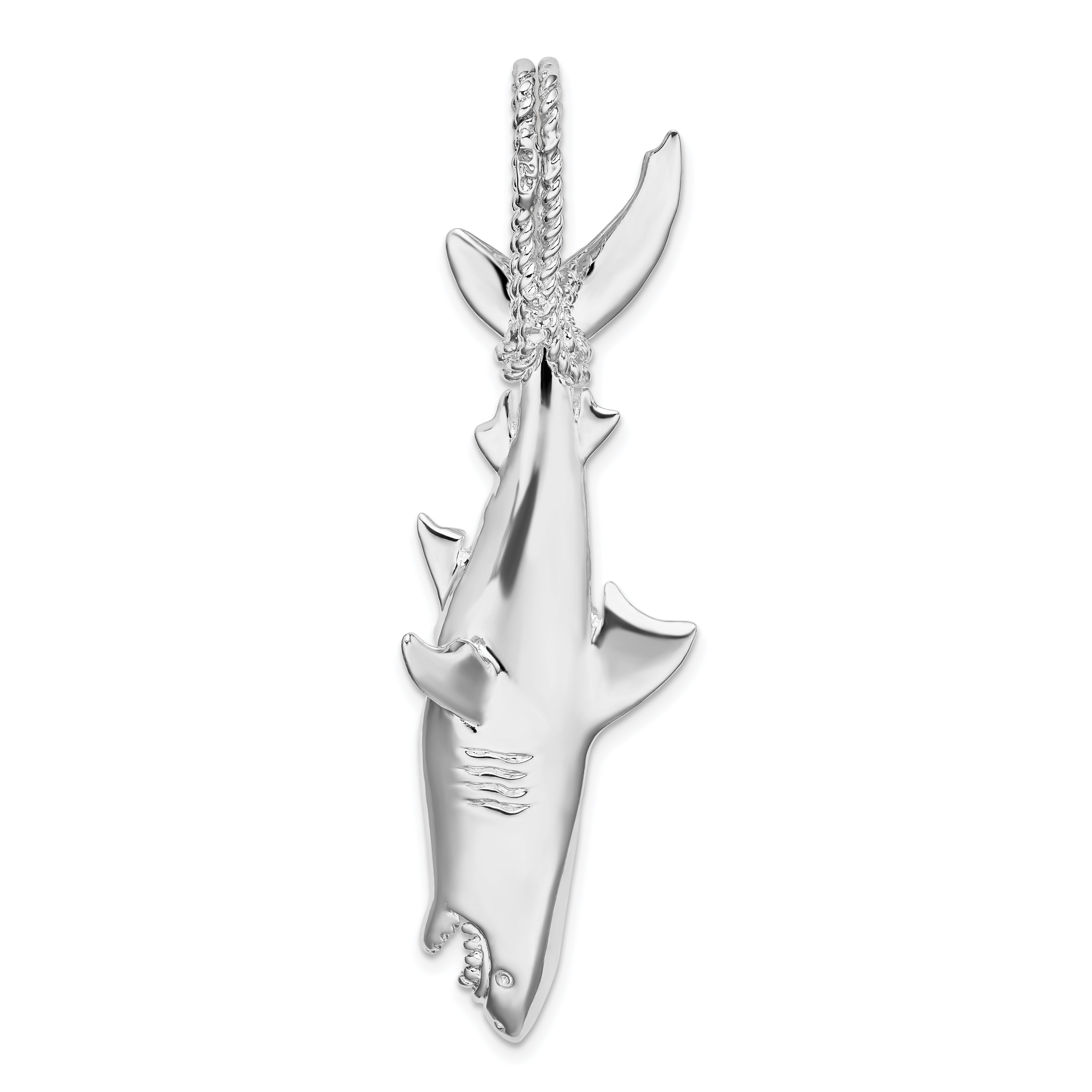 De-Ani Sterling Silver Rhod-plated Polished 3D Shark Hanging from Rope Pendant