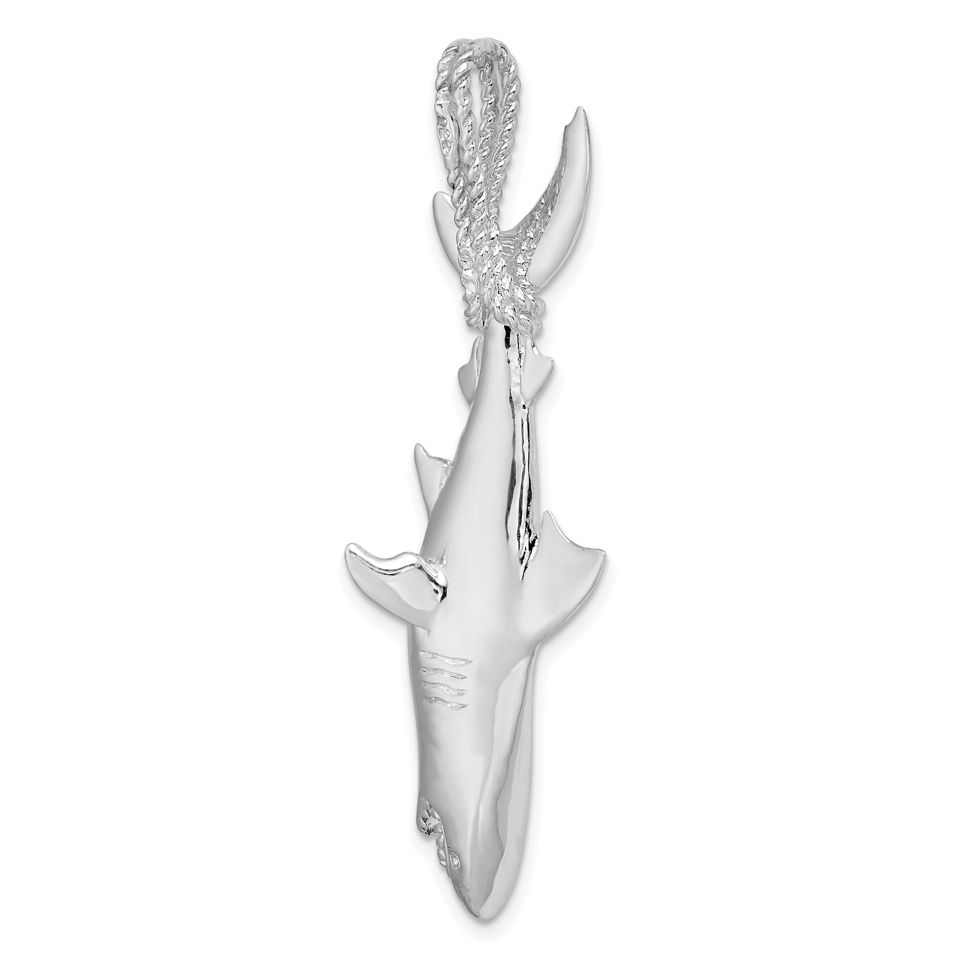 De-Ani Sterling Silver Rhod-plated Polished 3D Shark Hanging from Rope Pendant