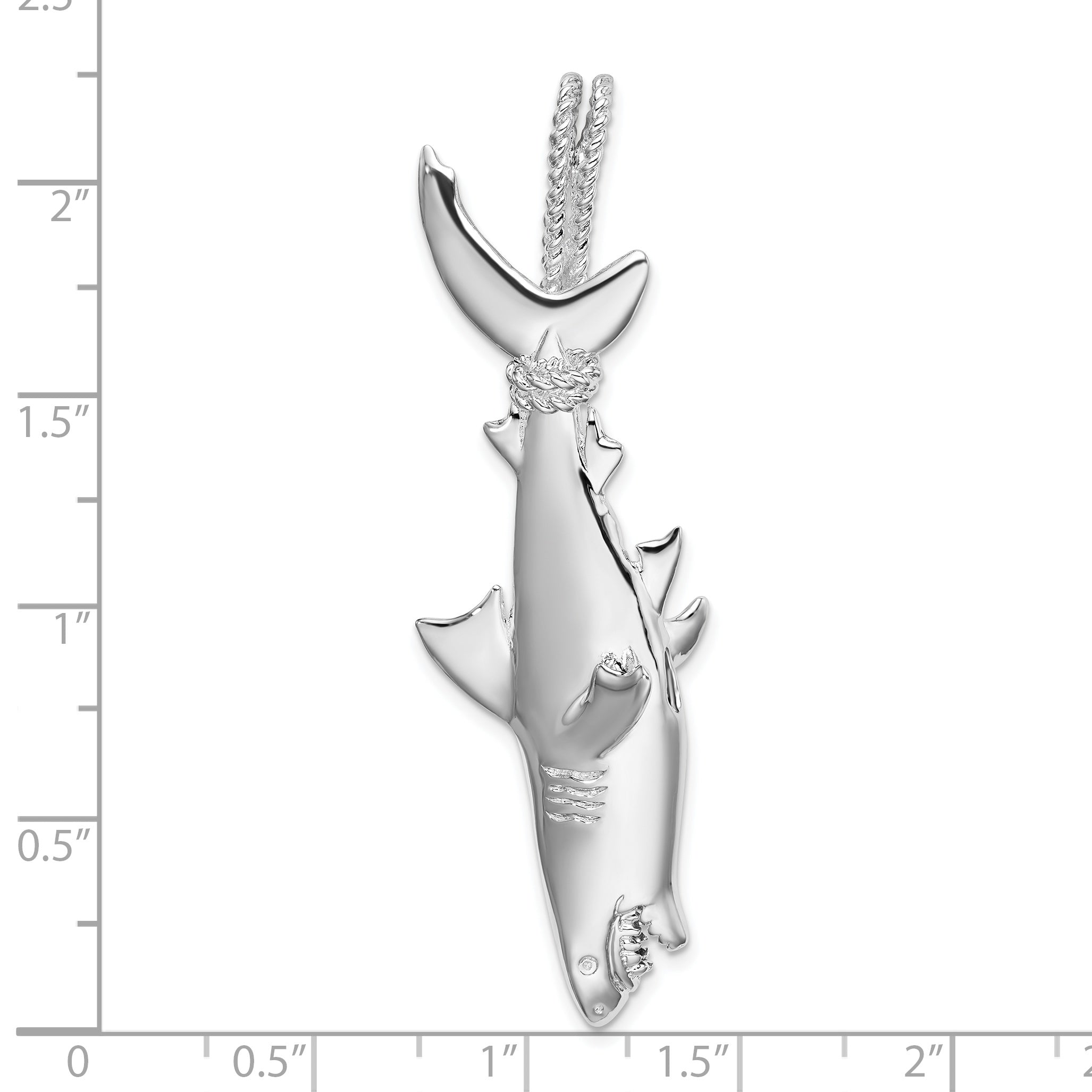 De-Ani Sterling Silver Rhod-plated Polished 3D Shark Hanging from Rope Pendant