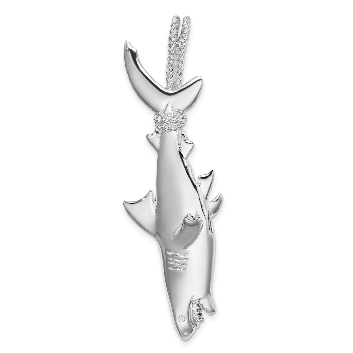 De-Ani Sterling Silver Rhod-plated Polished 3D Shark Hanging from Rope Pendant