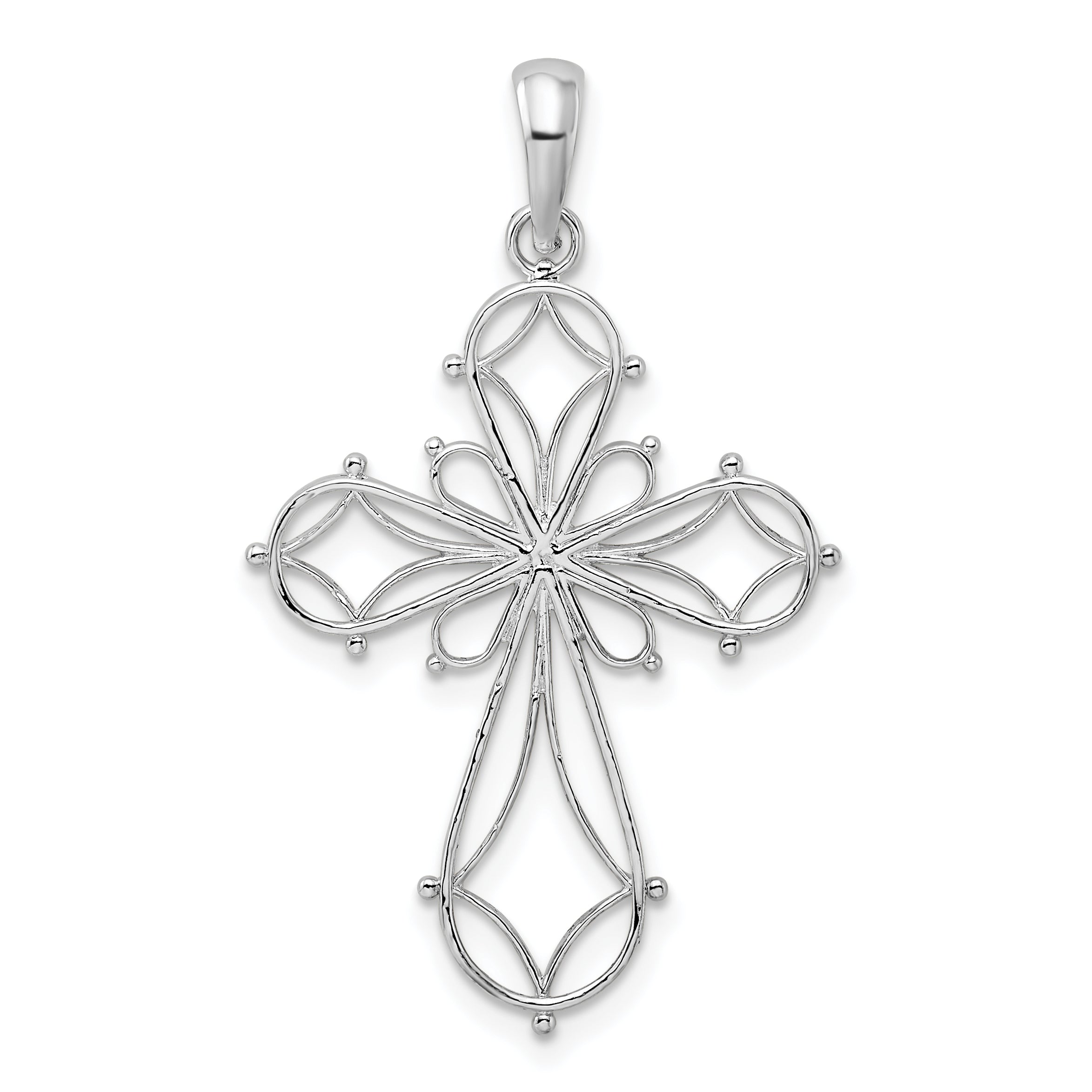 De-Ani Sterling Silver Rhodium-Plated Fancy Cut-Out Rounded Cross Pendant