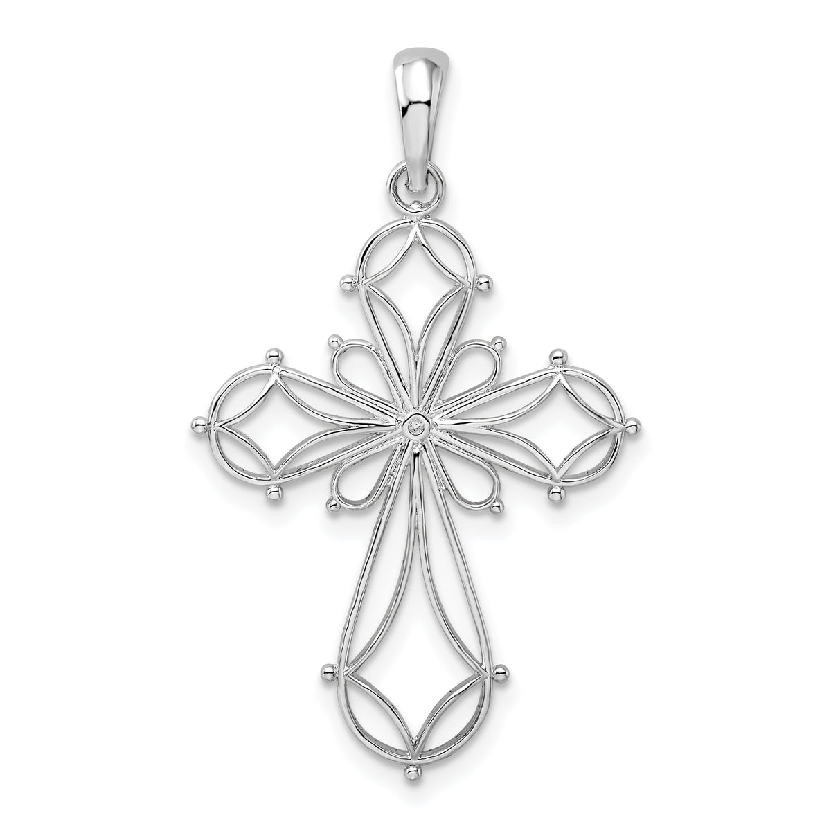 De-Ani Sterling Silver Rhodium-Plated Fancy Cut-Out Rounded Cross Pendant