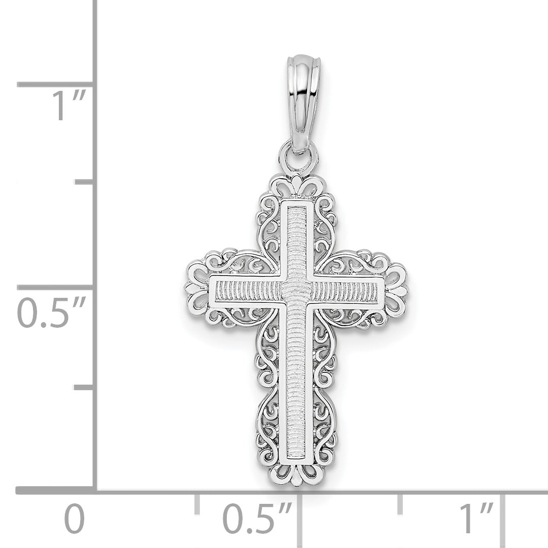 De-Ani Sterling Silver Rhodium-Plated Polished Lace Border Latin Cross Pendant