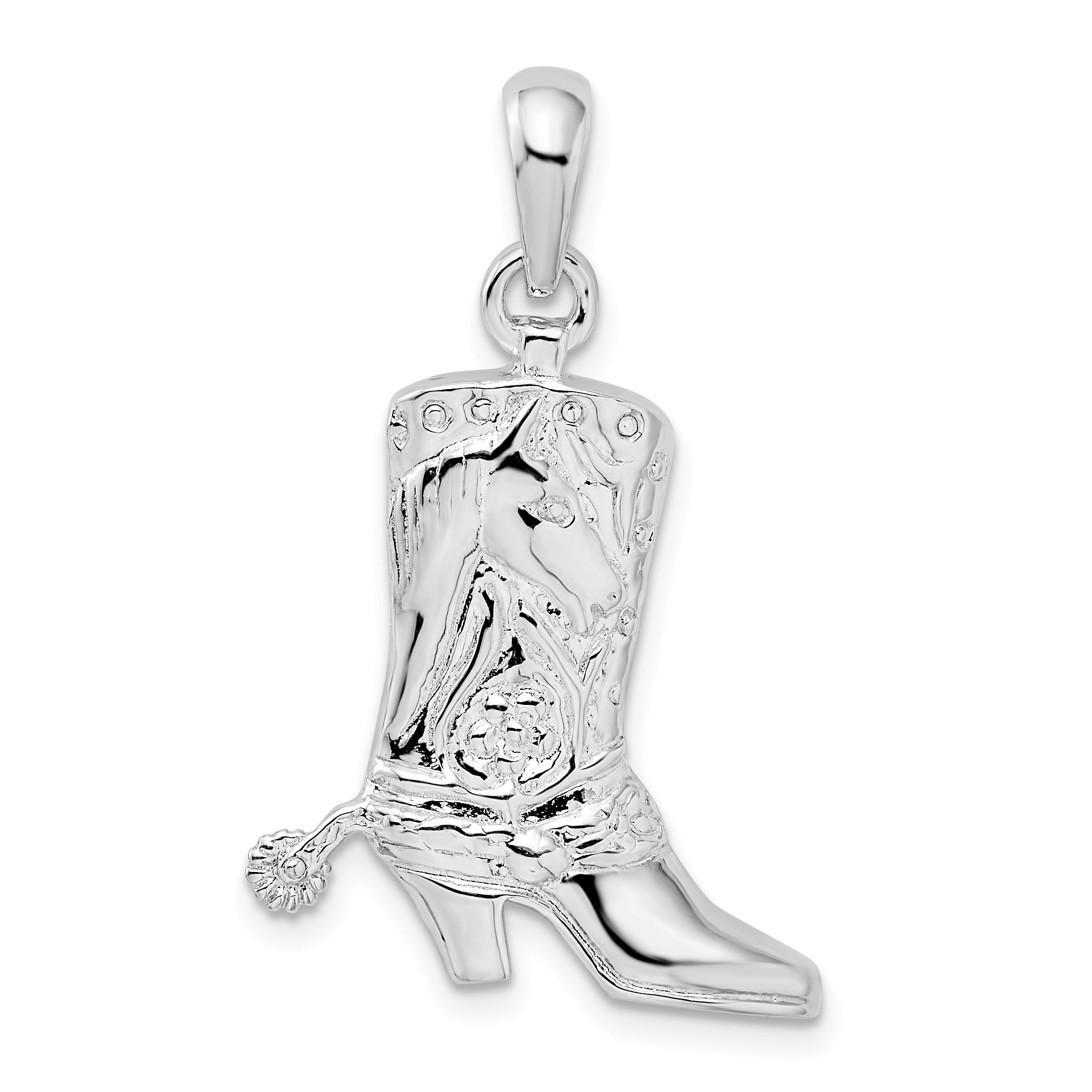 De-Ani Sterling Silver Rhodium-Plated Polished 3D Cowboy Boot with Spur Pendant