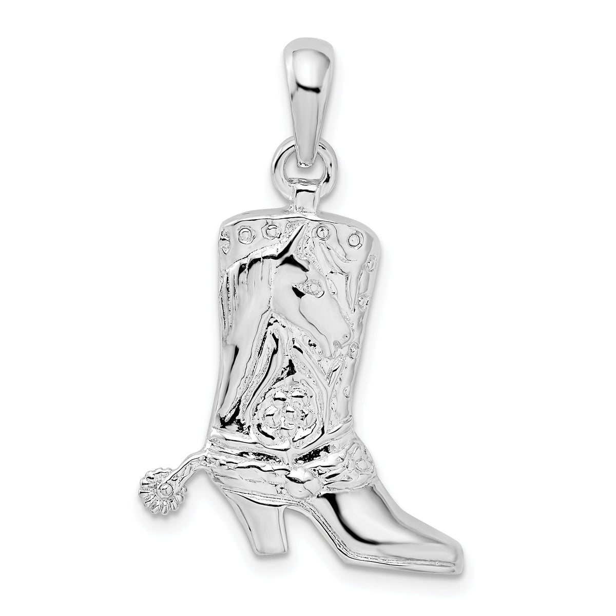 De-Ani Sterling Silver Rhodium-Plated Polished 3D Cowboy Boot with Spur Pendant