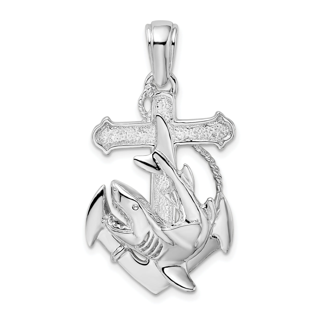 De-Ani Sterling Silver Rhodium-Plated Polished Anchor with Shark Pendant