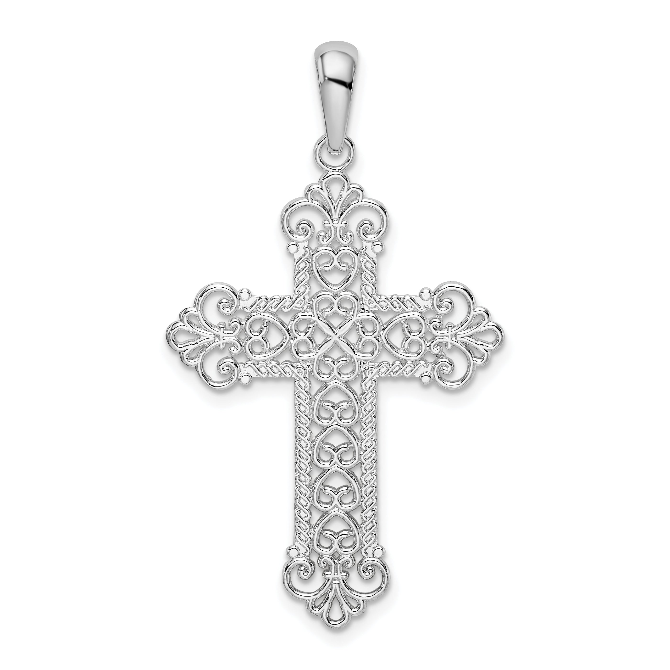 De-Ani Sterling Silver Rhodium-Plated Polished Filigree Fleur de Lis Cross Pendant