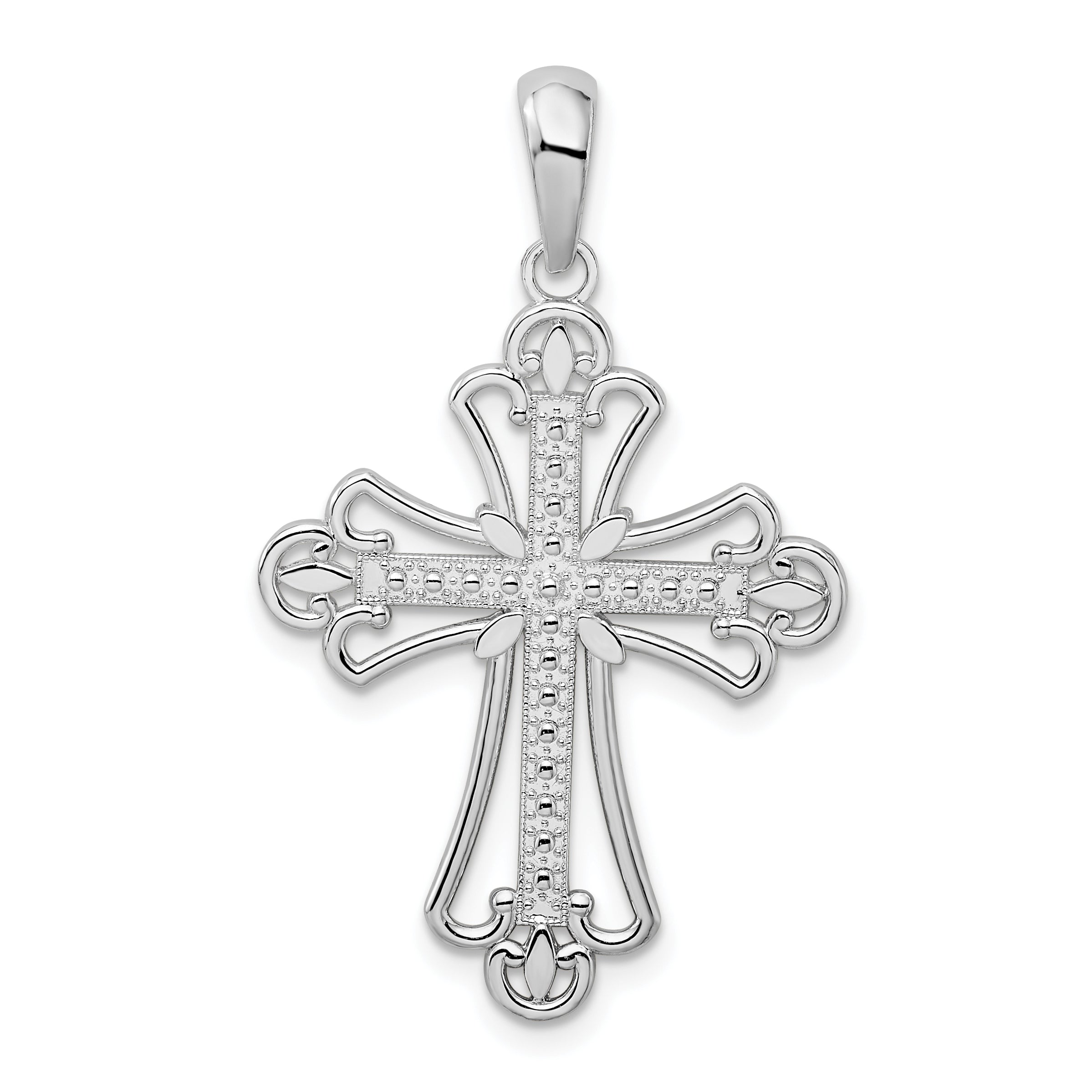 De-Ani Sterling Silver Polished Beaded Fleur de Lis Cross Pendant