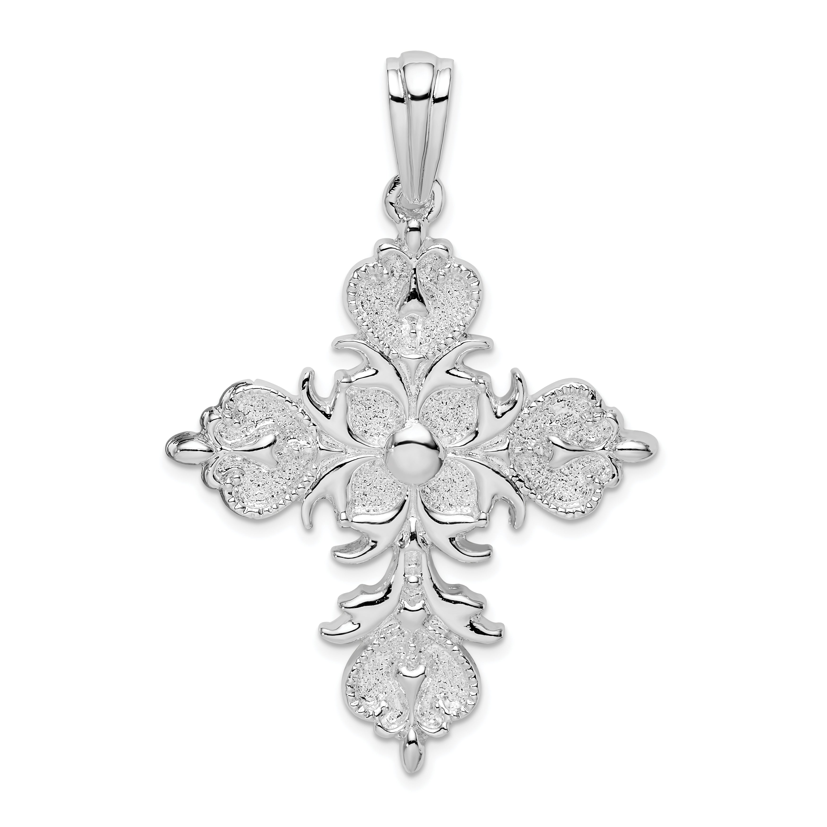 De-Ani Sterling Silver Polished and Textured Fleur de Lis Cross Pendant