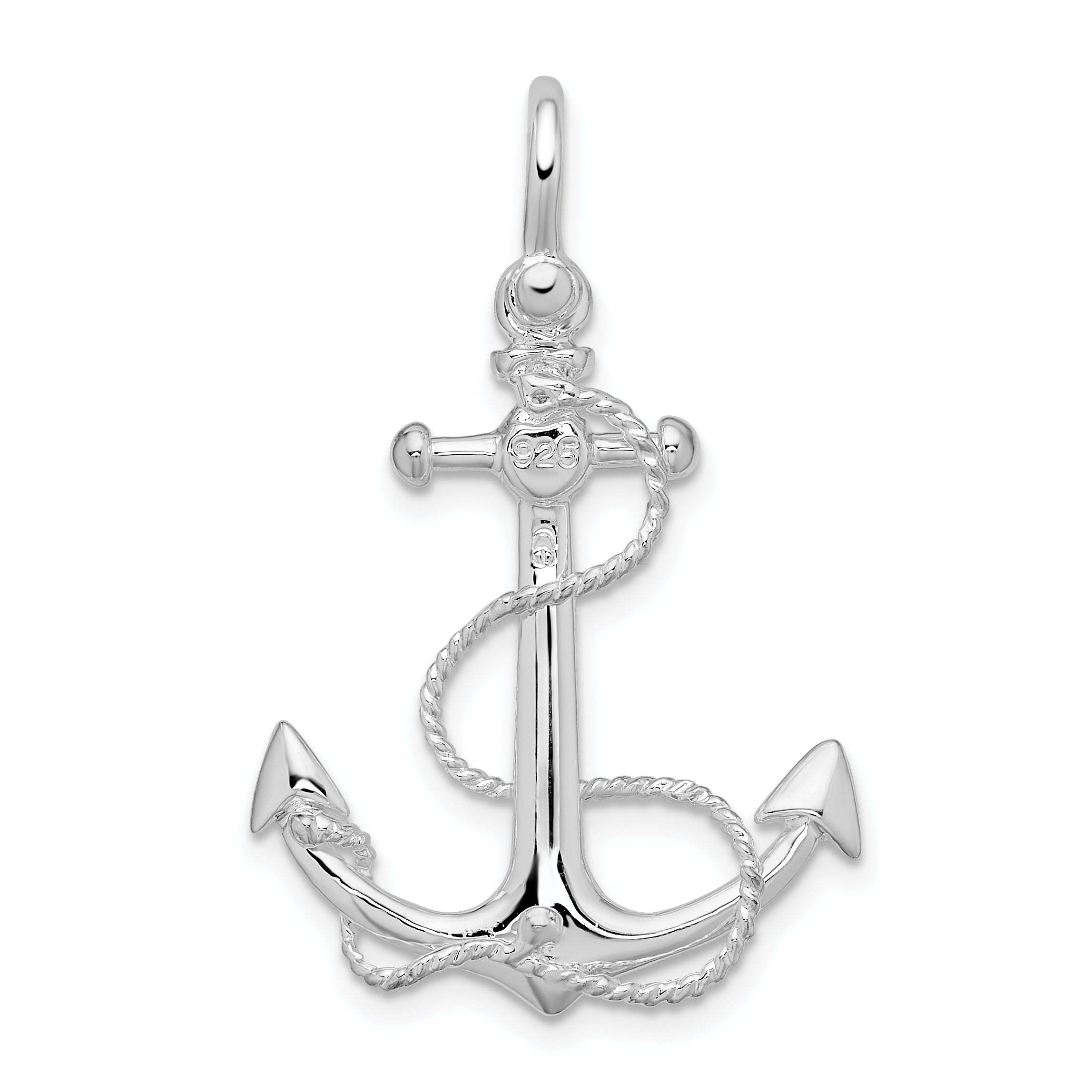 De-Ani Sterling Silver Rhodium-Plated Polished 3D Anchor with Rope Pendant