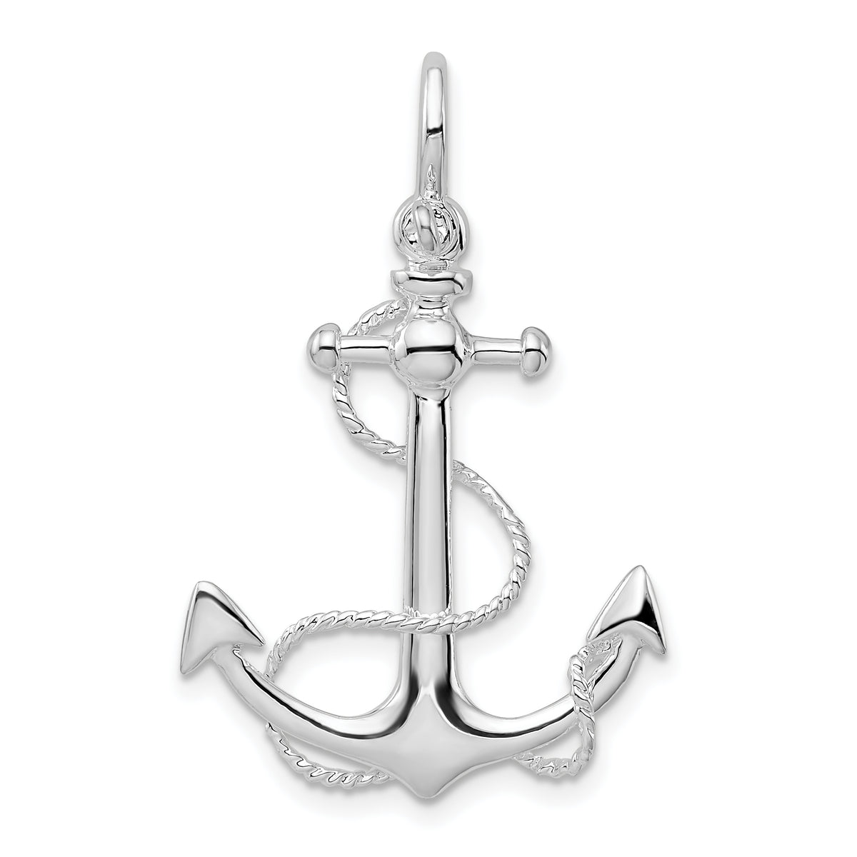 De-Ani Sterling Silver Rhodium-Plated Polished 3D Anchor with Rope Pendant