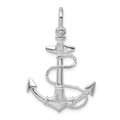 De-Ani Sterling Silver Rhodium-Plated Polished and Textured 3D Anchor with Rope Pendant