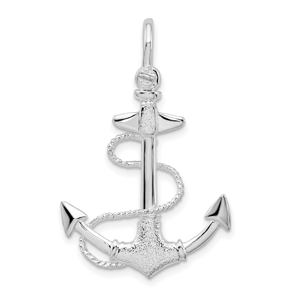 De-Ani Sterling Silver Rhodium-Plated Polished and Textured 3D Anchor with Rope Pendant