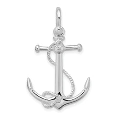 De-Ani Sterling Silver Rhodium-Plated Polished 3D Anchor with Rope Pendant