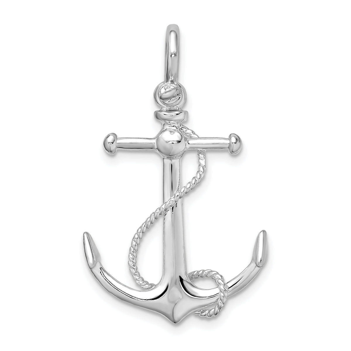 De-Ani Sterling Silver Rhodium-Plated Polished 3D Anchor with Rope Pendant