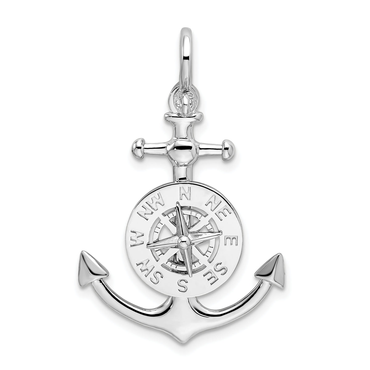 De-Ani Sterling Silver Rhodium-Plated 3D Small Anchor with Compass Pendant