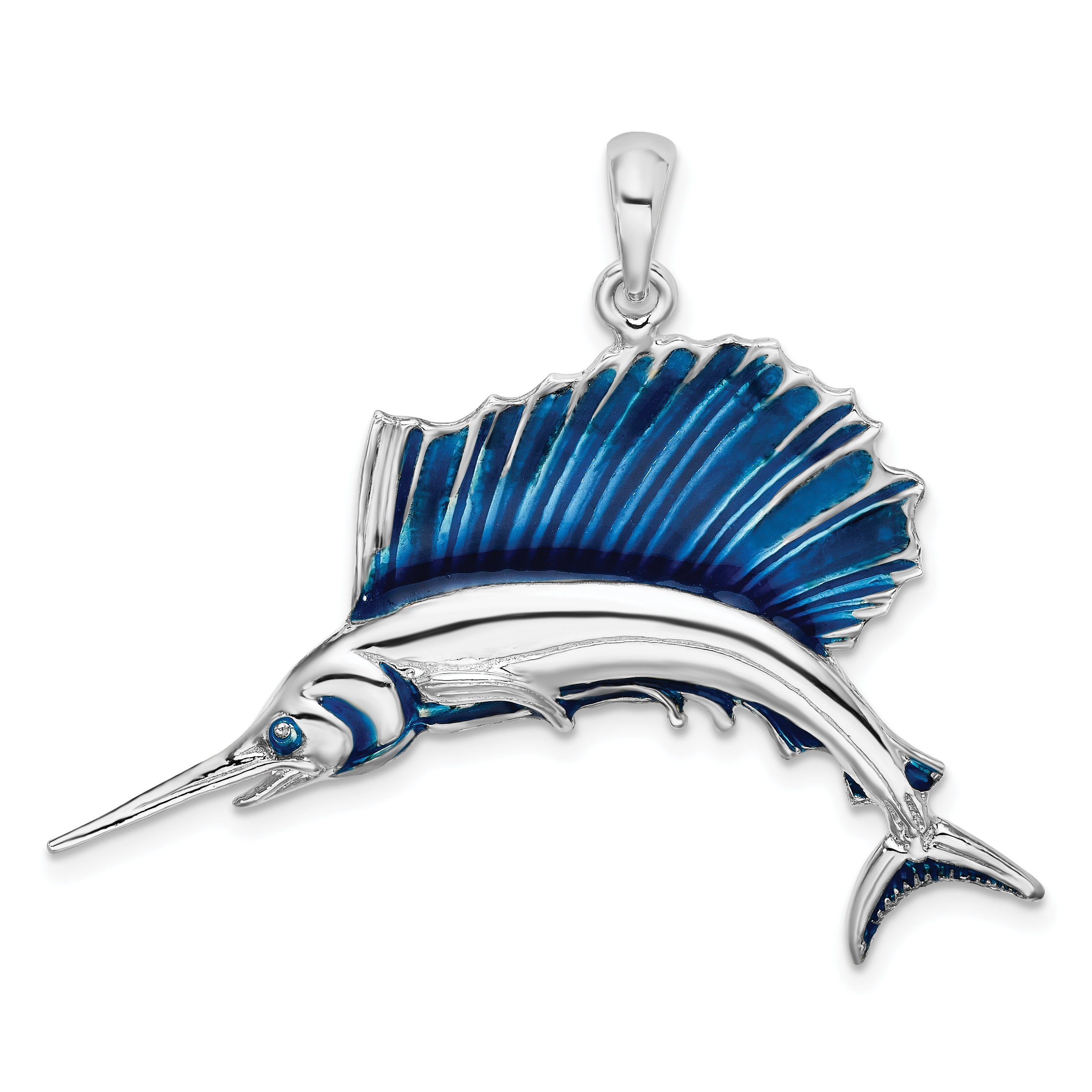 De-Ani Sterling Silver Rhodium-Plated Polished Enameled Sailfish Pendant