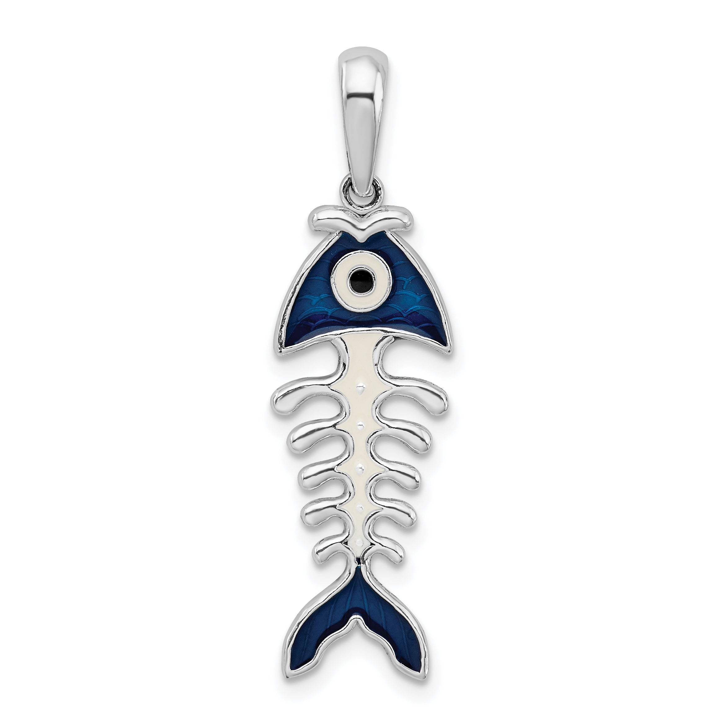 De-Ani Sterling Silver Rhodium-Plated Polished 3D Enameled Fishbone Pendant