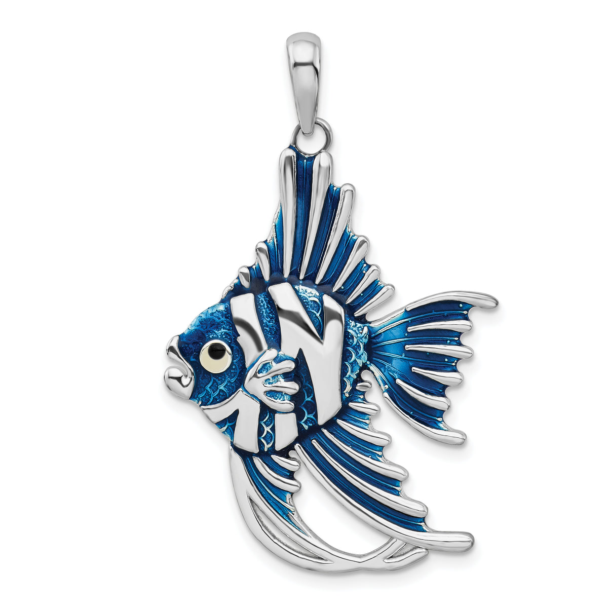 De-Ani Sterling Silver Rhodium-Plated Polished Enameled Angel Fish Pendant