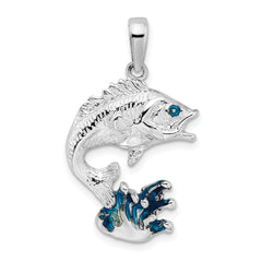 De-Ani Sterling Silver Rhodium-Plated Enameled Jumping Bass Fish Pendant